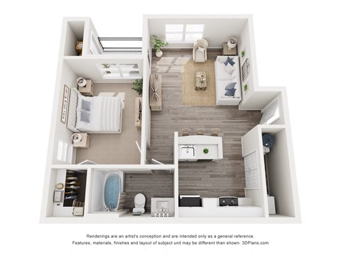 Floor plan for 1 bed, 1 bath, 674 sqft